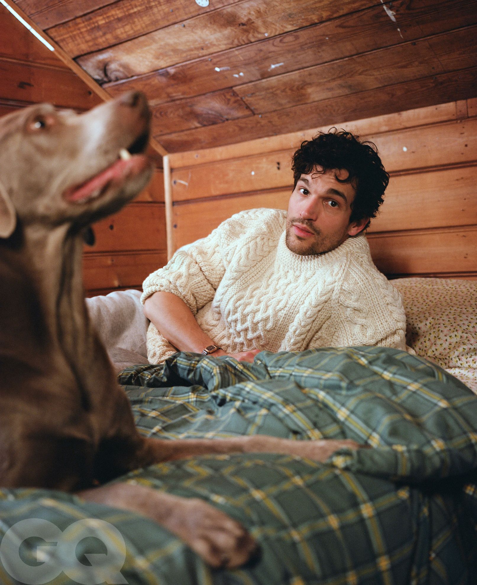 Image may contain Antoine Vermette Adult Person Head Face Blanket Clothing Knitwear and Sweater