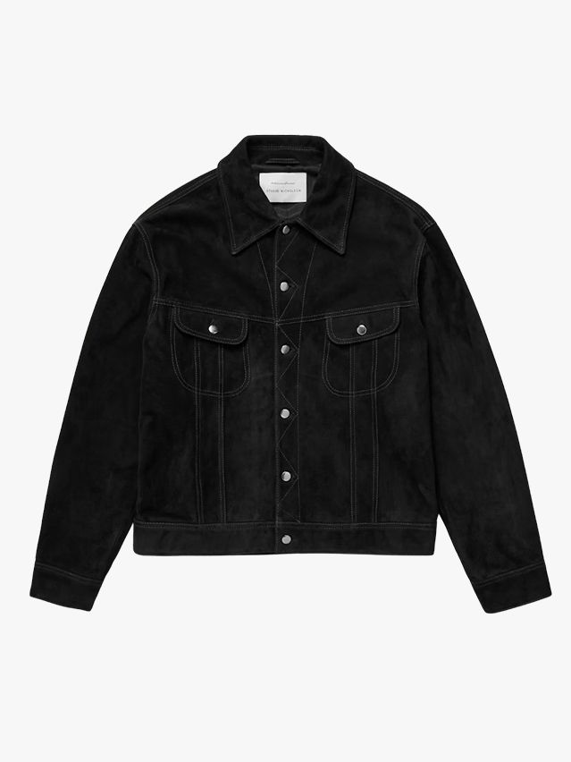 Image may contain Clothing Coat Jacket Long Sleeve Sleeve Pants and Suede