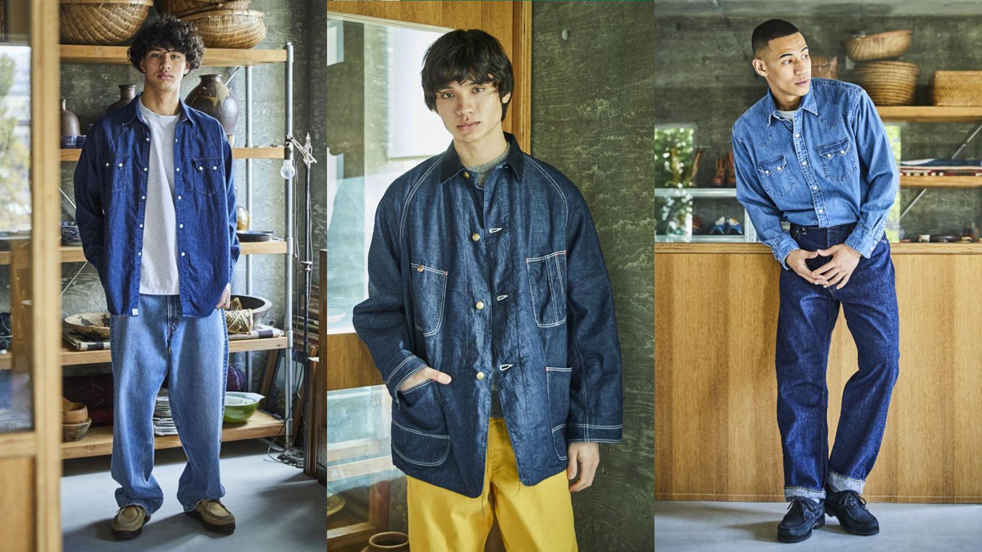 A model wearing three outfits from the 2026 OrSlow lookbook.