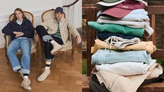 Image may contain Clothing Pants Wood Baseball Cap Cap Hat Couch Furniture Footwear Shoe Adult Person and Coat