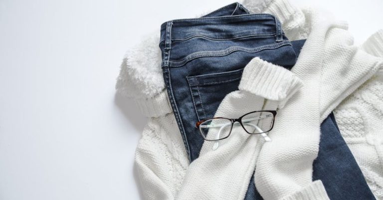 Clothing - Black Framed Eyeglasses On White Jacket And Blue Denim Bottoms