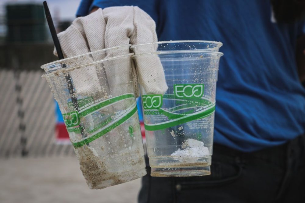 Greenwashing - person holding two clear plastic disposable cups