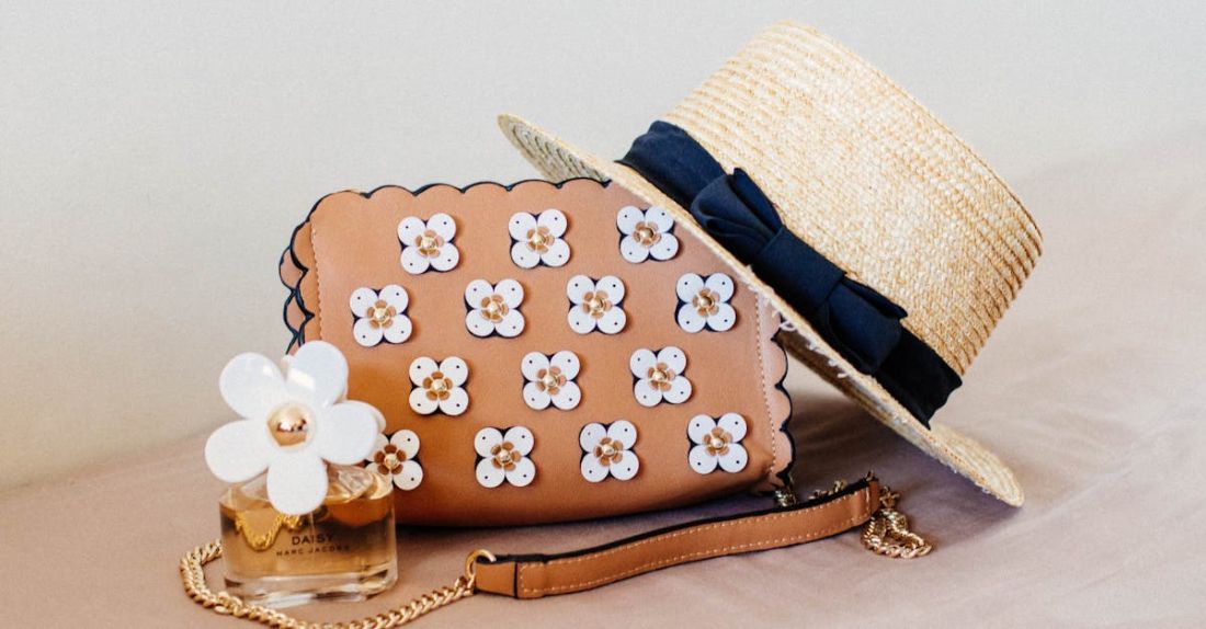 Accessories - Brown Sun Hat On Brown And White Floral Sling Bag